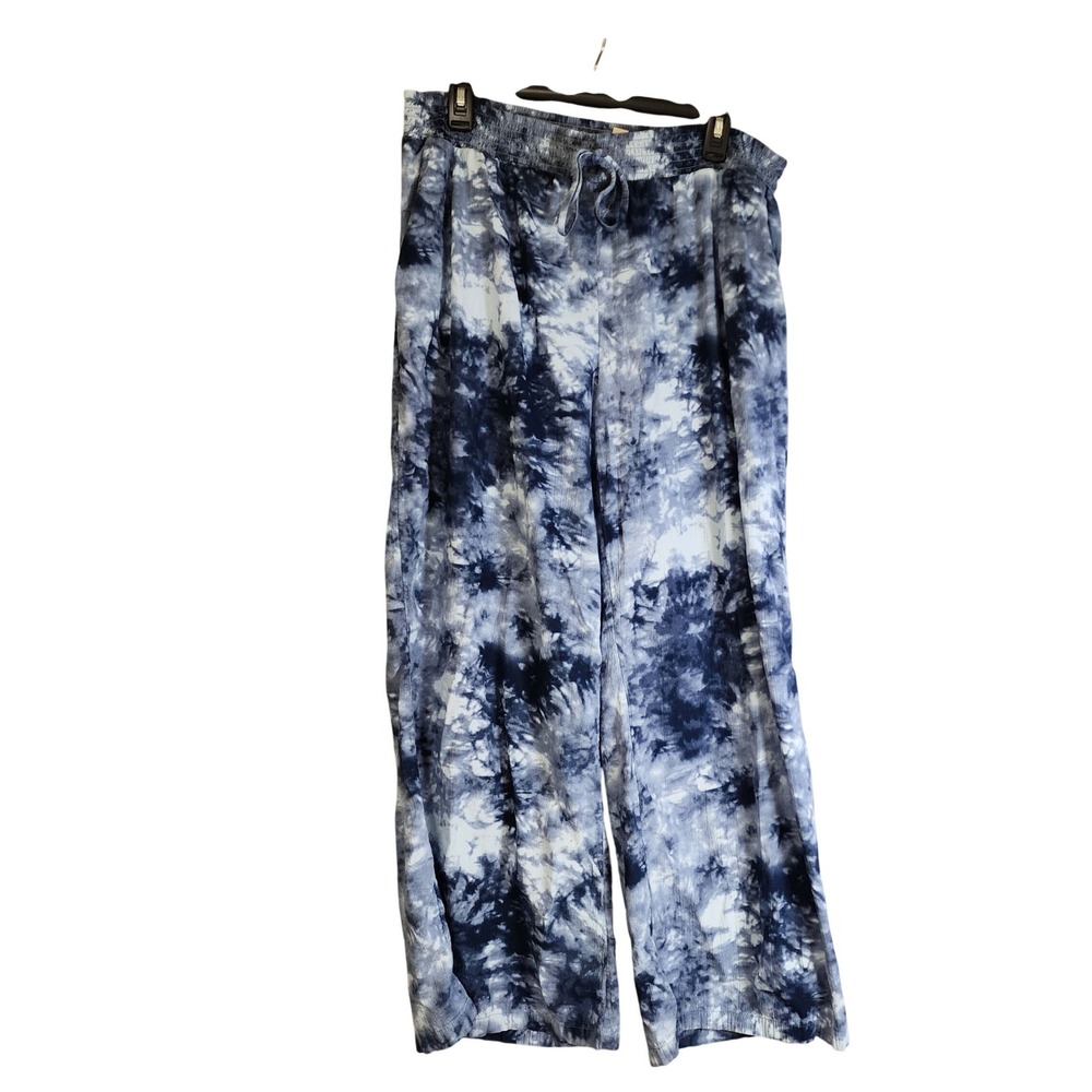 Style & Co Blue Tie Dye Wide Leg Smocked Waist Pants XL Cotton Rayon Drawstring